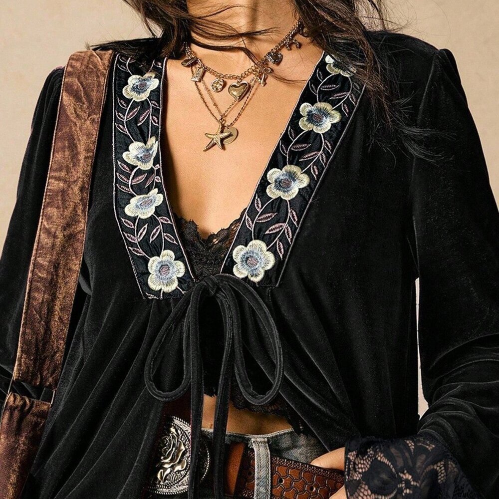 Black Boho Women's Nomadic V-Neck Tie-Up Blouse - Picture 6 of 6
